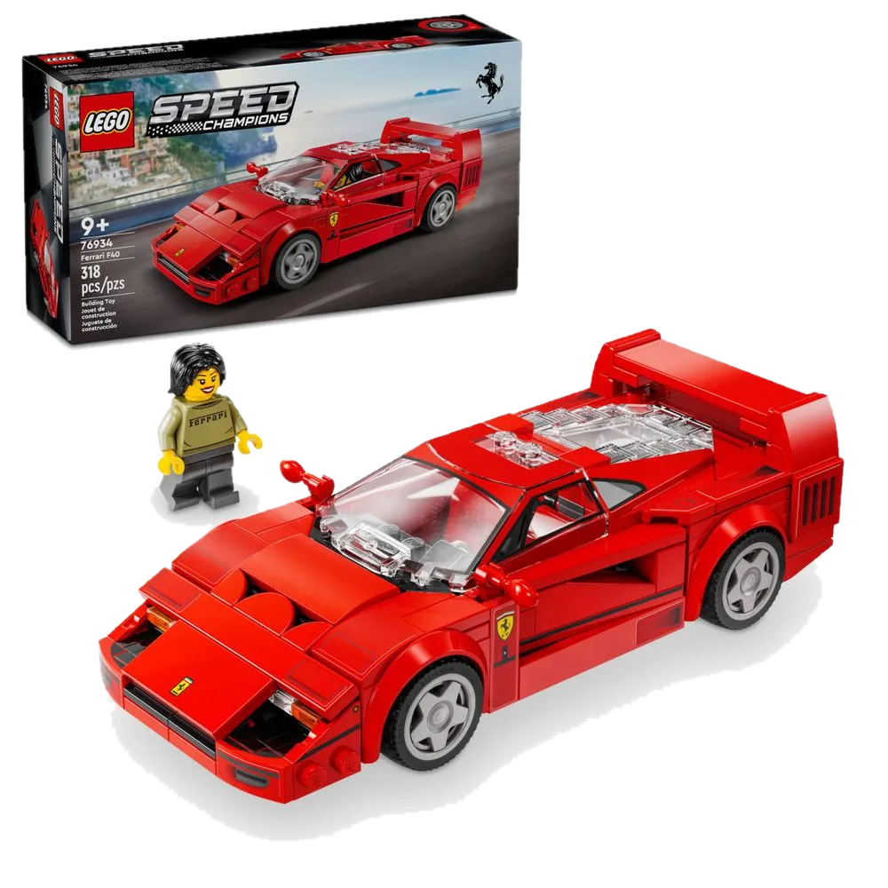 Caixa oficial LEGO Speed Champions 76934 Ferrari F40 Supercar, embalagem com foto do supercarro vermelho na praia, 318 peças, 9+