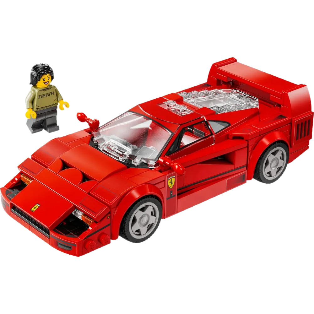 LEGO Speed Champions 76934 Ferrari F40 Supercar vermelho rosso corsa em vista frontal 3/4, com a minifigura da fã Ferrari ao lado