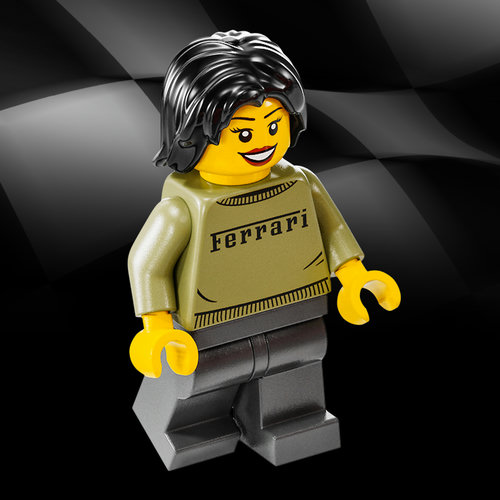 Close-up da minifigura da fã da Ferrari, com suéter cáqui estampando Ferrari, cabelo preto solto, fundo bandeira xadrez de chegada