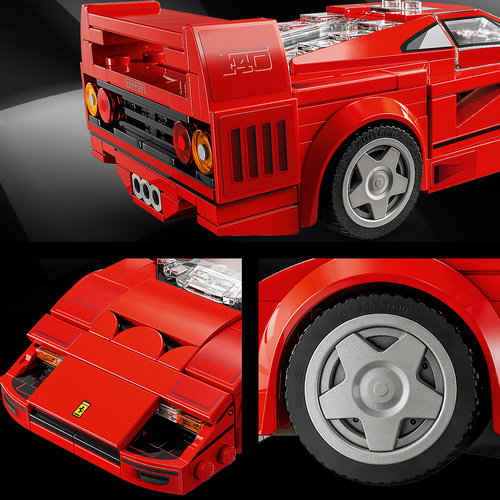 Close-ups do LEGO Speed Champions Ferrari F40: traseira com emblema F40, frente com escudo Ferrari e roda em cinco raios em detalhe