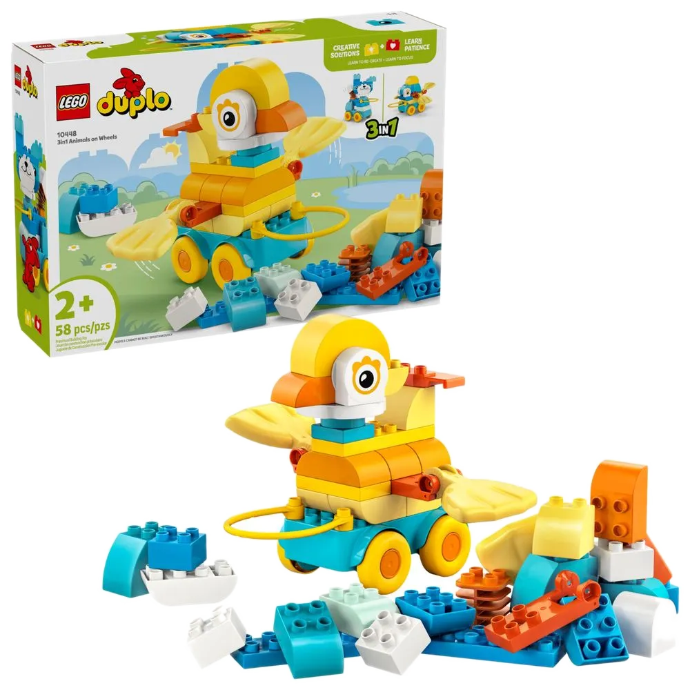 Caixa LEGO DUPLO Animais Sobre Rodas 3 em 1 ao lado do Pato montado