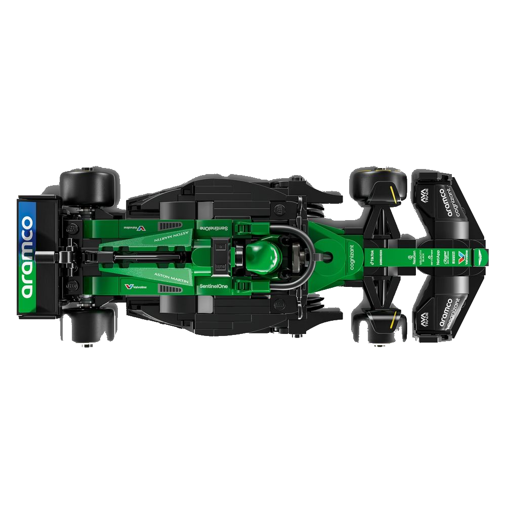 Frente da Aston Martin Aramco F1 AMR24 em LEGO mostrando faróis e front splitter