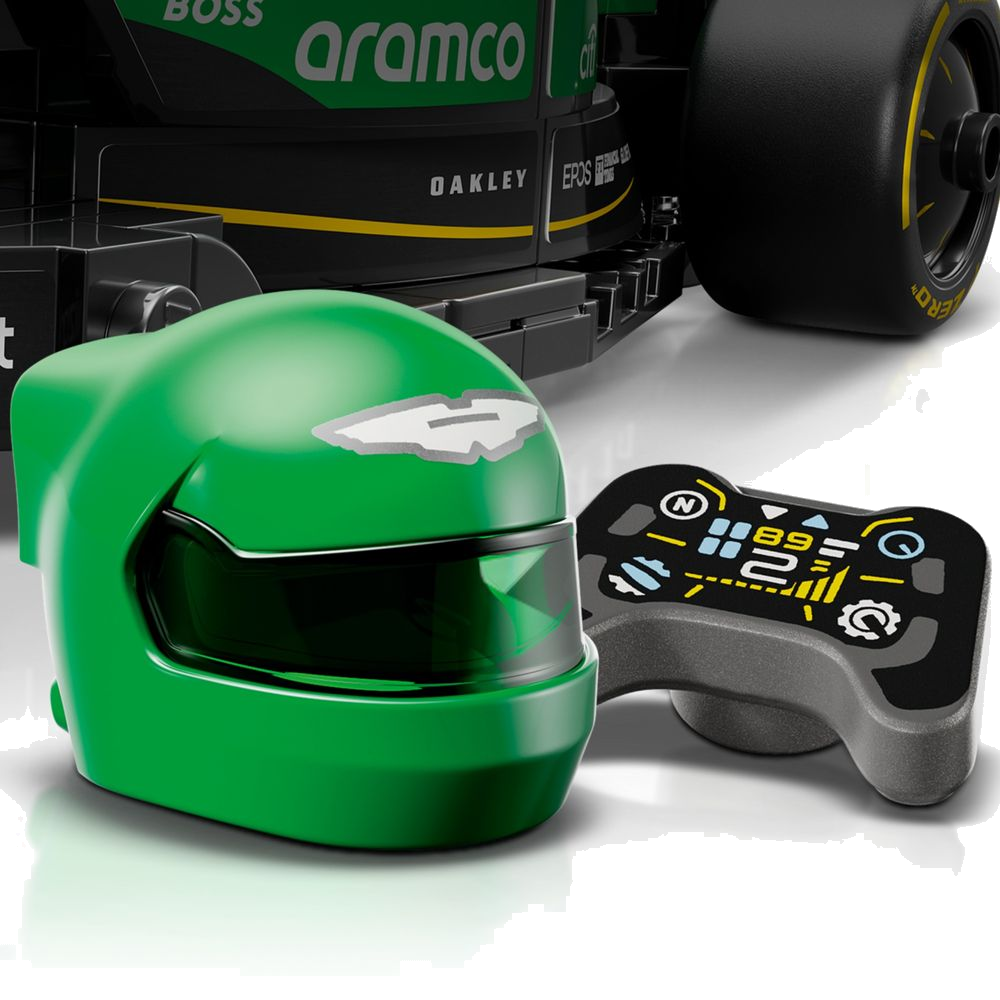 Minifigura piloto Aston Martin com macacão Aramco e capacete alado