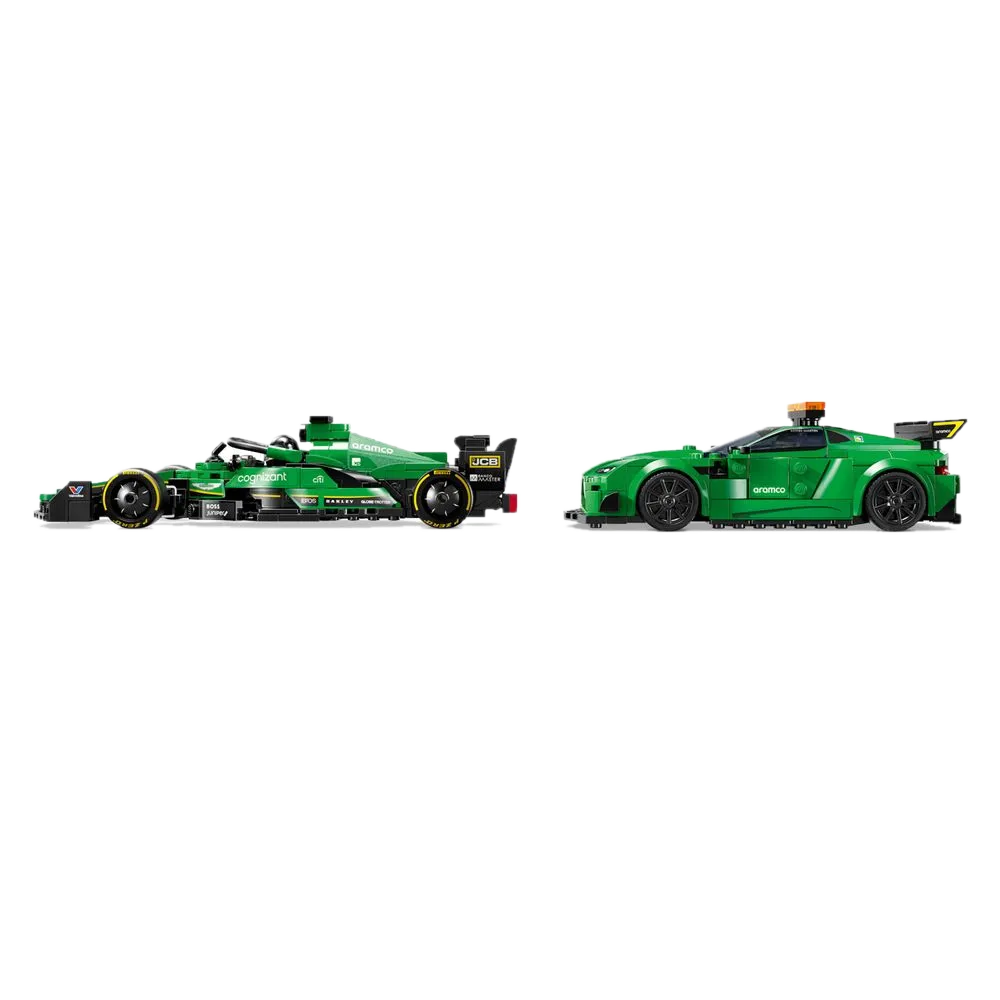 Caixa oficial LEGO Speed Champions 76925 Aston Martin Vantage Safety Car & AMR23, embalagem com fotos dos dois carros verdes na pista, 564 peças, 9+