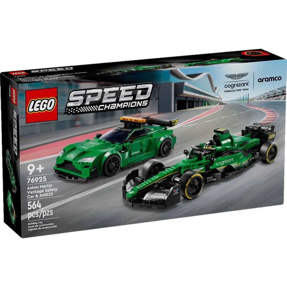 LEGO Speed Champions 76925, Aston Martin Vantage Safety Car e AMR23 F1 verde-corrida em vista lateral, lado a lado