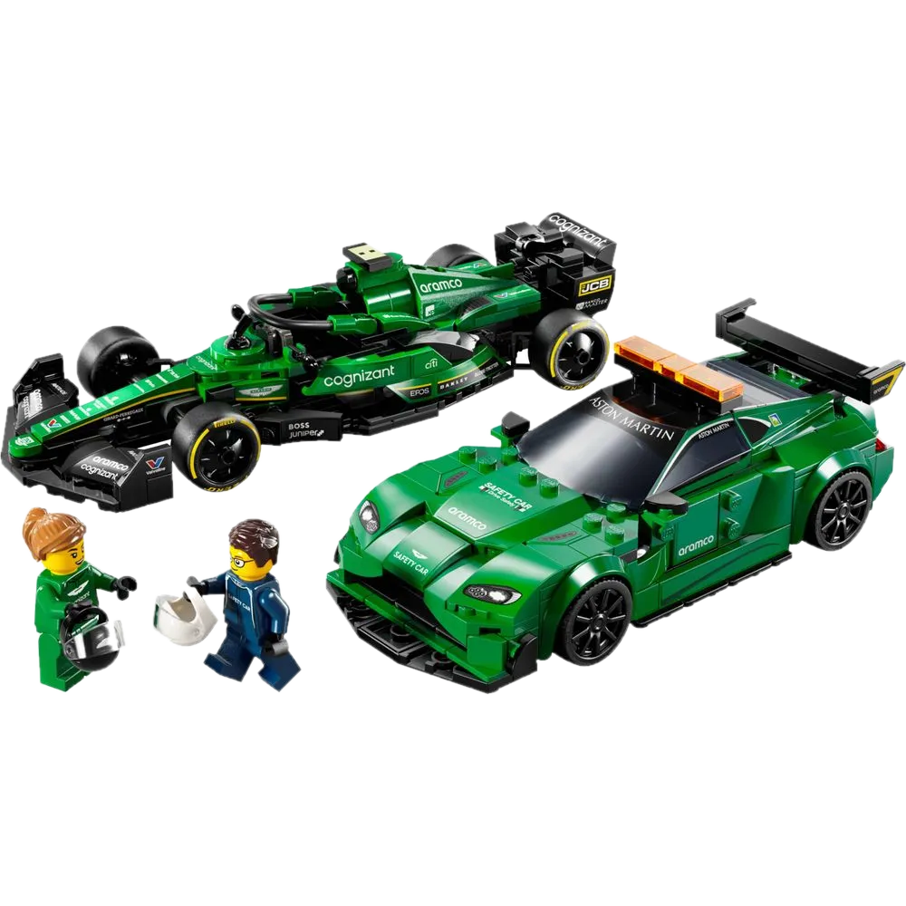 LEGO Speed Champions 76925 montado, Aston Martin Vantage Safety Car e AMR23 F1 verde com as 2 minifiguras (piloto e motorista do safety car) ao lado