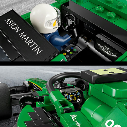 Close-up do cockpit do LEGO Speed Champions Aston Martin: placa Aston Martin, painel do safety car e cockpit do AMR23 com volante, telemetria e marca Sentinel