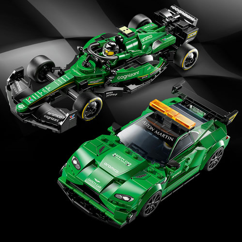 LEGO Speed Champions 76925, Aston Martin Vantage Safety Car e AMR23 F1 verde-corrida lado a lado em ângulo isométrico