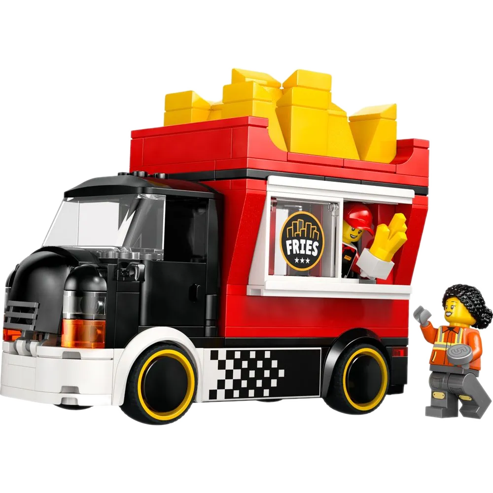 LEGO City Food Truck de Batatas Fritas 60488 com cabine preta, lateral vermelha e quiosque em forma de batata gigante