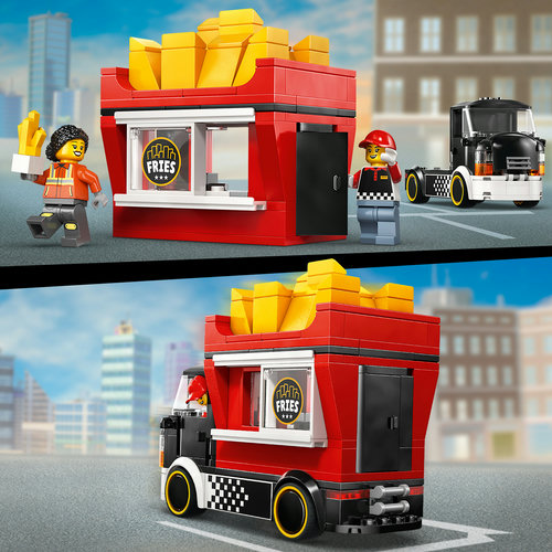 Detalhes do quiosque do food truck e do caminhão LEGO City separados, com minifigura ao lado