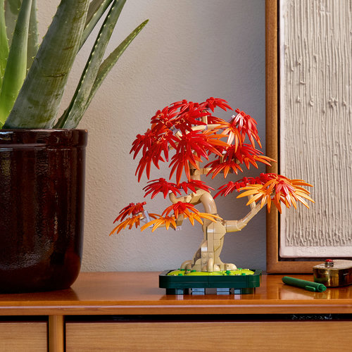 LEGO Botanicals 10348 Bonsai Vermelho montado sobre console de madeira ao lado de planta natural e quadro
