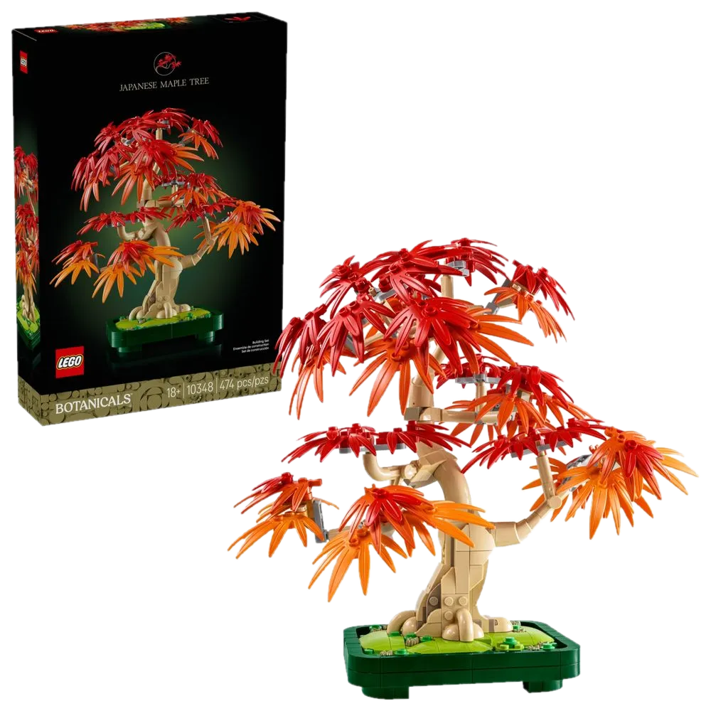 LEGO Botanicals 10348 Árvore Bonsai Vermelha: caixa lacrada ao lado do modelo montado mostrando folhagem vermelha e laranja