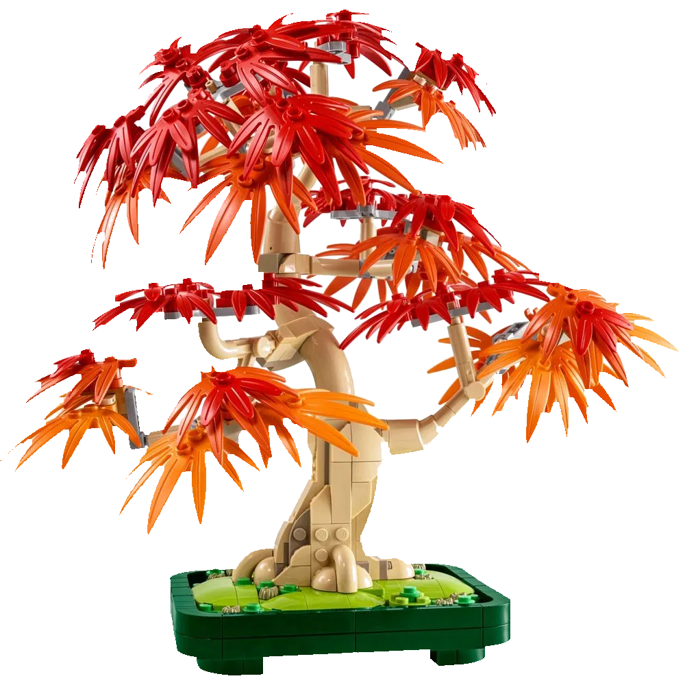 LEGO Botanicals 10348 Árvore Bonsai Vermelha: maple japonês com folhagem vermelha e laranja sobre base verde