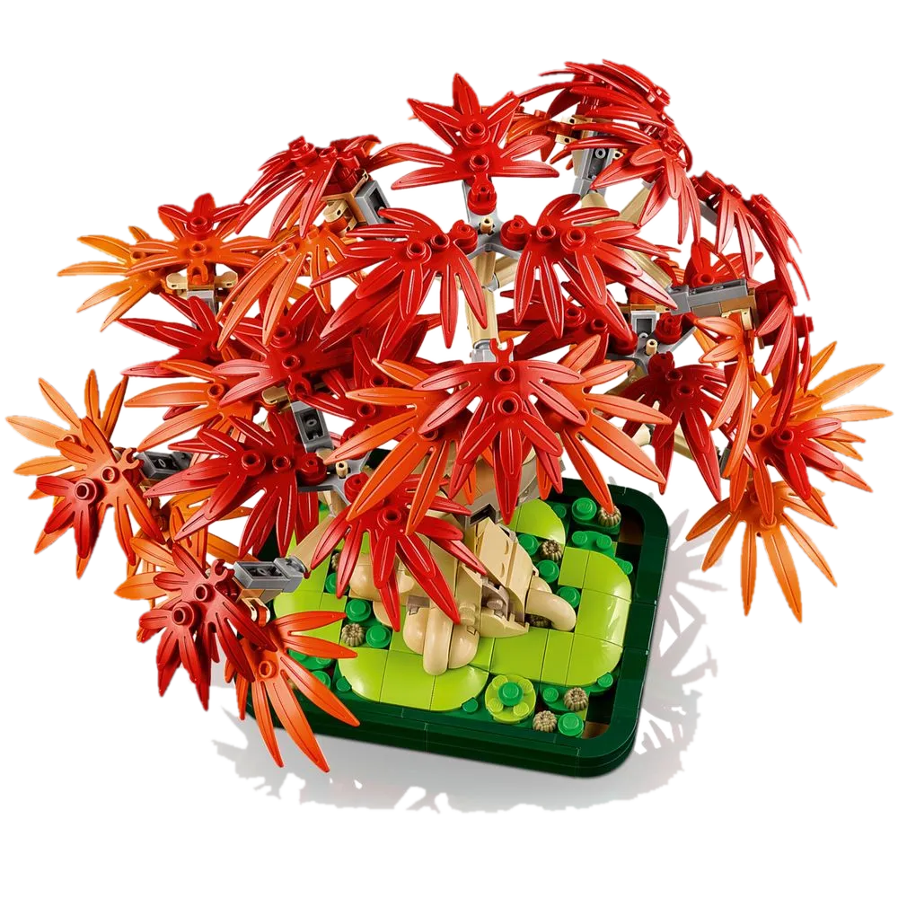 LEGO Botanicals 10348: vista da copa farta da árvore bonsai mostrando a abundância das folhas vermelhas e laranjas