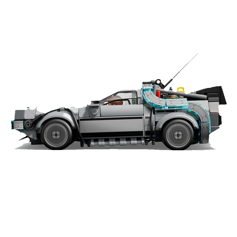 Frente da DeLorean em LEGO mostrando faróis e painel digital