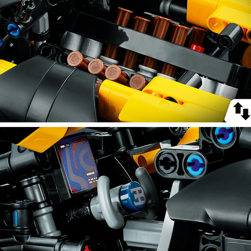Close-up do motor W16 LEGO Technic com pistões cobre, cabeçotes e detalhe do cockpit com instrumentos azuis