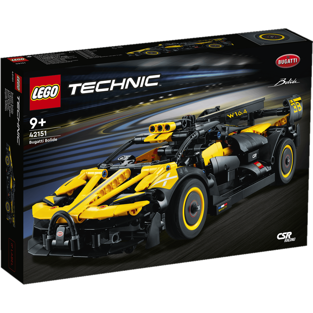 LEGO Technic 42151 Bugatti Bolide, caixa oficial preta com a foto do hipercarro montado em preto e amarelo