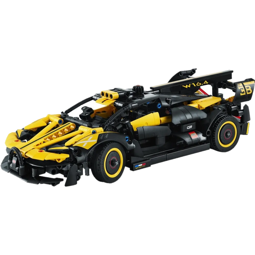 LEGO Technic 42151 Bugatti Bolide, vista 3/4 frontal do hipercarro de pista preto e amarelo com aerofólio traseiro X e motor W16 visível