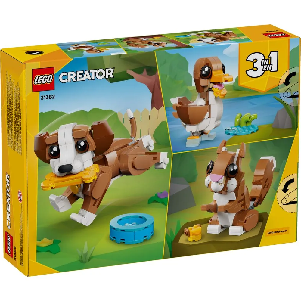 Caixa traseira do LEGO 31382 mostrando os três modelos: cachorro, esquilo e pato