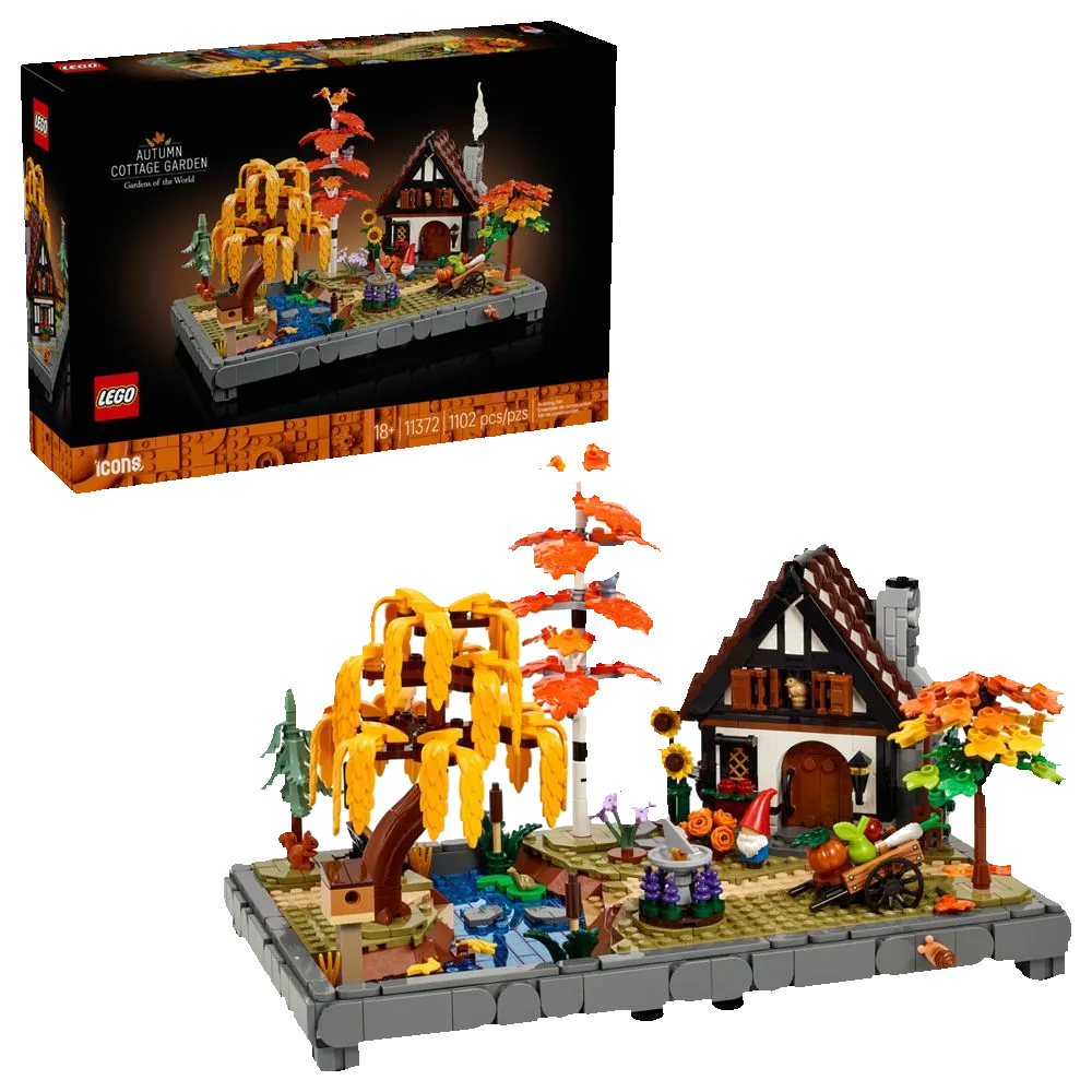 LEGO Icons 11372 Autumn Cottage Garden: caixa lacrada acima do modelo montado mostrando chalé, árvores outonais e jardim
