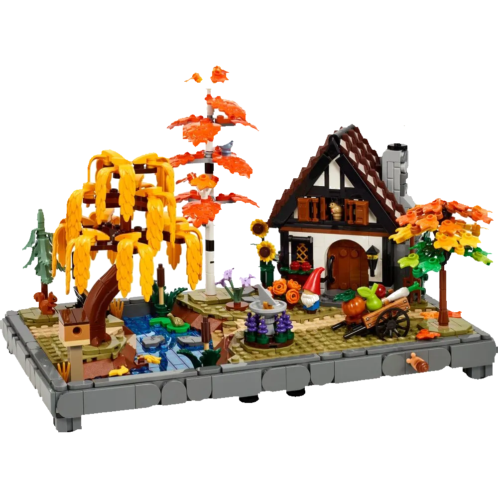 LEGO Icons 11372 Jardim de Casa de Campo no Outono: chalé europeu, salgueiro-chorão amarelo e bordo vermelho com gnomo de jardim e riacho