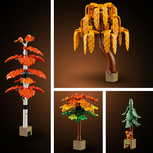 LEGO Icons 11372: quatro árvores em quadro, bordo vermelho, salgueiro amarelo, bétula laranja e abeto azul com esquilo