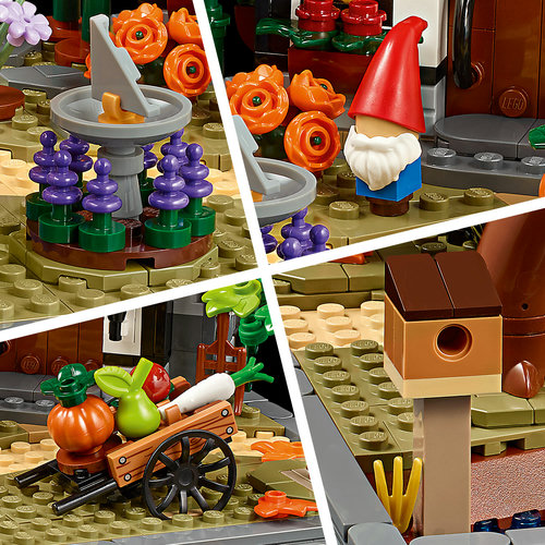 LEGO Icons 11372: close-ups do jardim, relógio de sol com dálias roxas, gnomo, carrinho de vegetais, casinha de pássaros