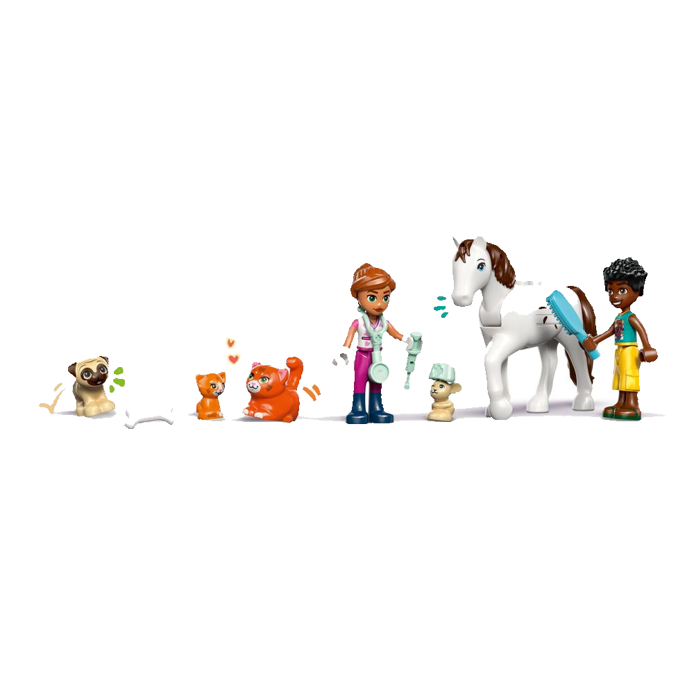 Valeria e Zac da LEGO Friends com os 5 animais da clínica
