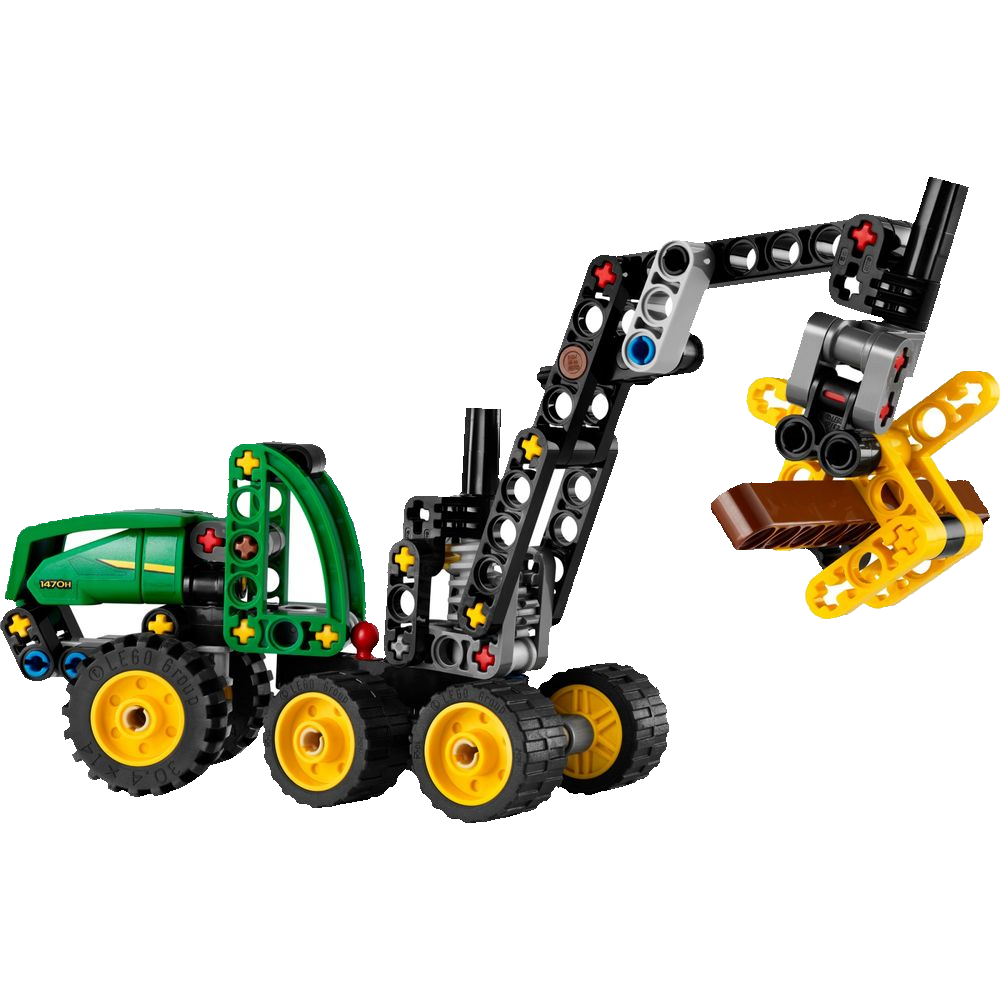LEGO Technic 42218 Colheitadeira John Deere 1470H, máquina florestal verde com garra agarrando tronco