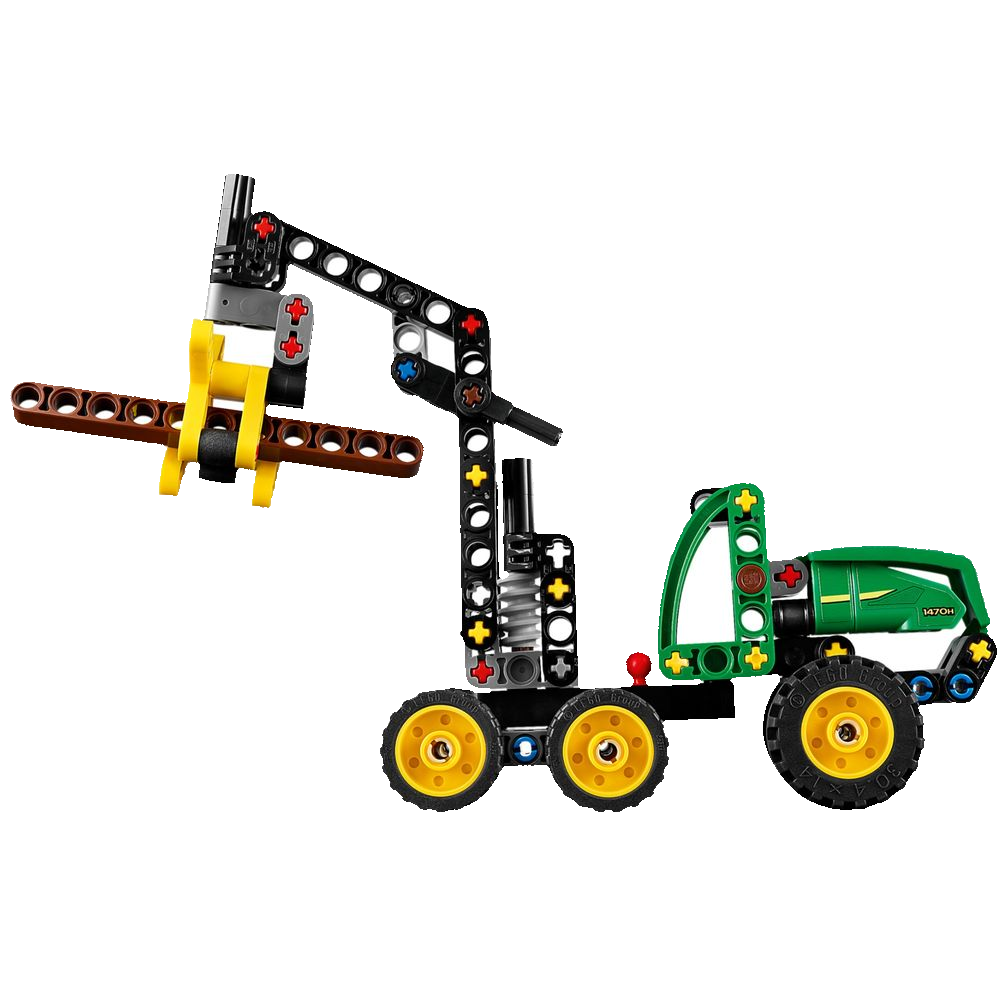 LEGO Technic 42218 Colheitadeira John Deere 1470H vista lateral, com garra suspensa segurando tronco LEGO
