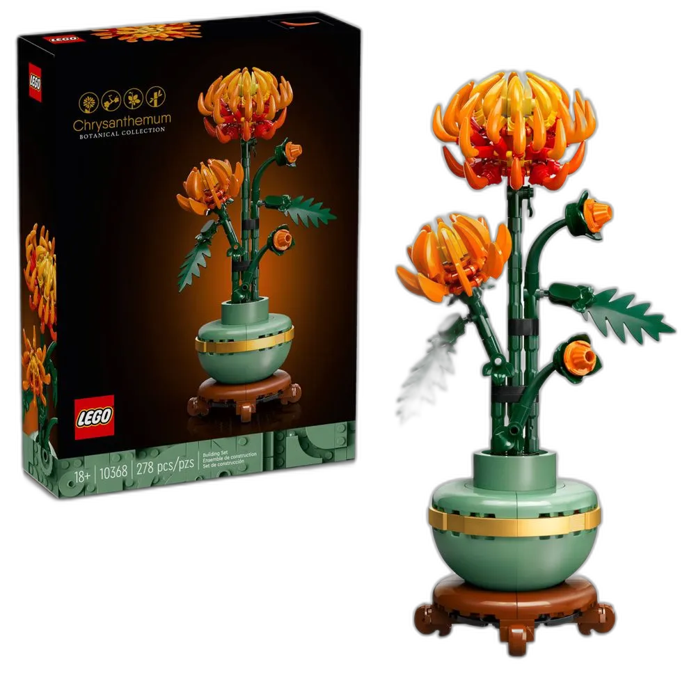 LEGO Icons Botanical 10368 Crisântemo: caixa lacrada ao lado do modelo montado mostrando flores laranja, vaso sage e base de madeira