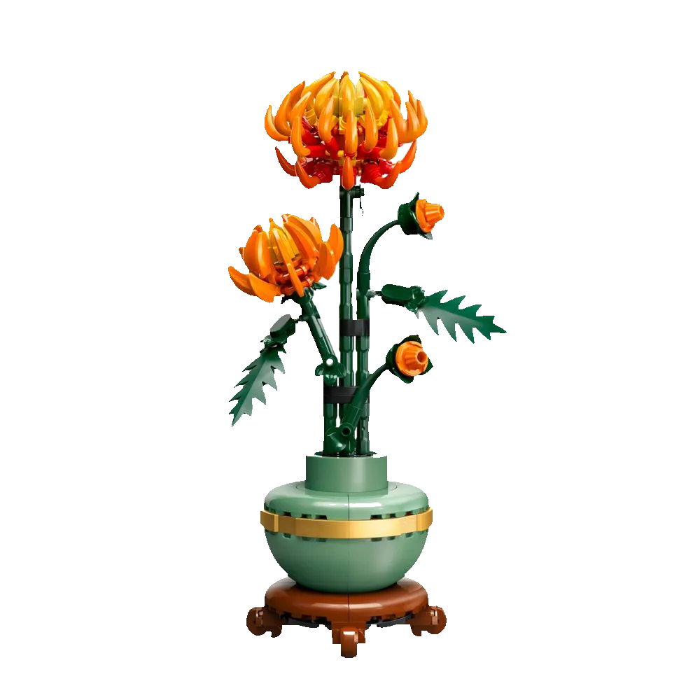 LEGO Icons Botanical 10368 Crisântemo: arranjo de crisântemo em pétalas laranja e ouro sobre vaso verde sage com base de madeira