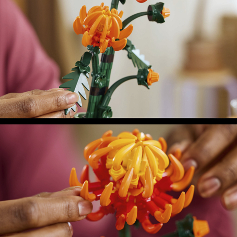 Close-up das pétalas laranja e ouro do LEGO Icons Botanical 10368 Crisântemo, peças LEGO especiais empilhadas em camadas