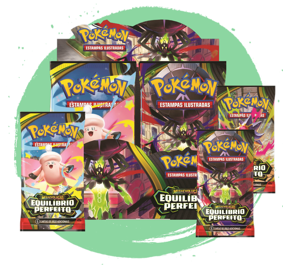 Composição de boosters Pokémon TCG Megaevolução Equilíbrio Perfeito: Mega Zygarde, Mega Clefable e Mega Starmie