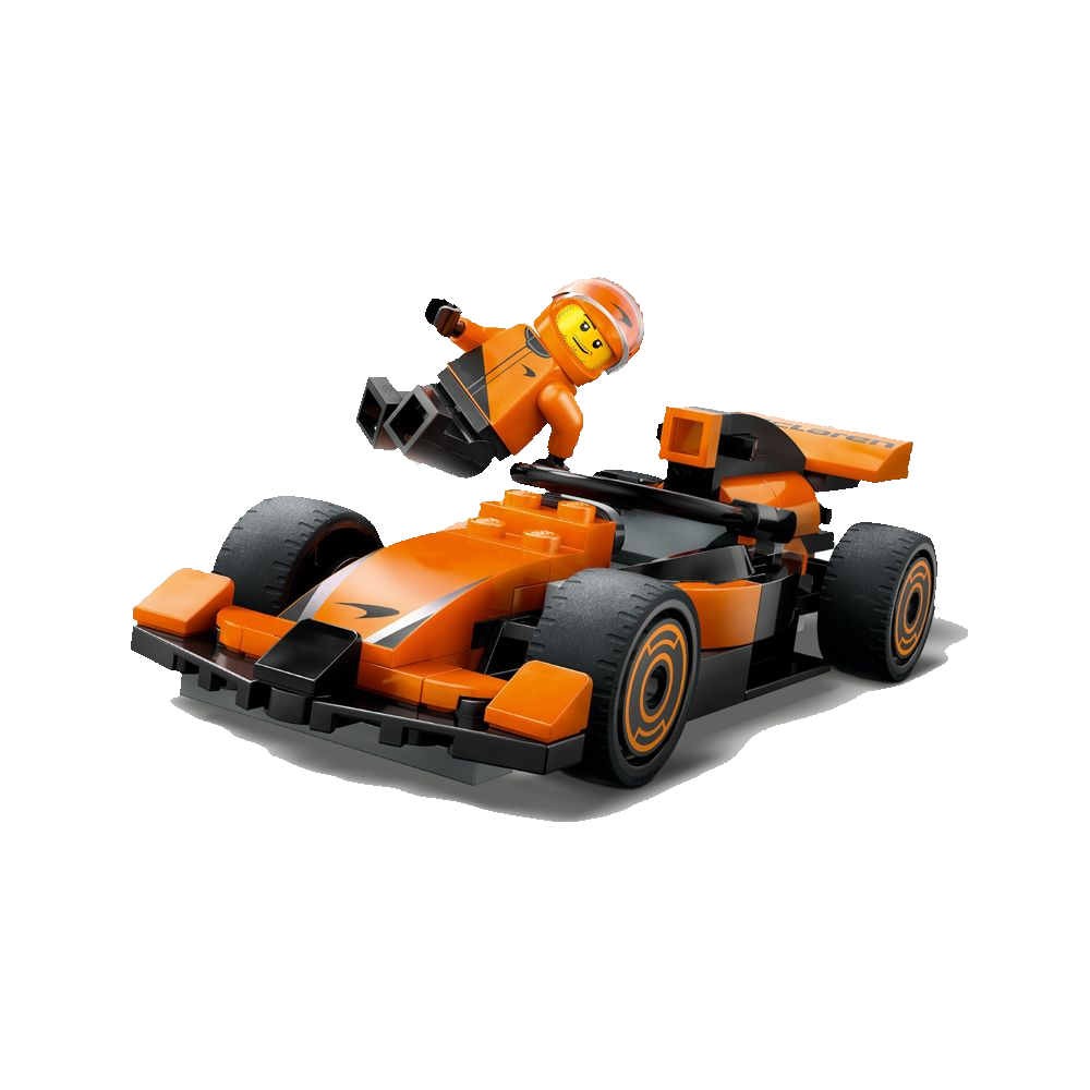 Frente do carro de F1 McLaren em LEGO mostrando bico e aerofólio