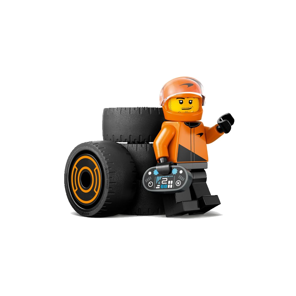 Minifigura do piloto de F1 com capacete e macacão de corrida