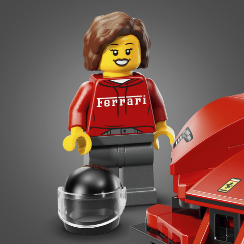 Minifigura piloto Ferrari com moletom oficial e capacete