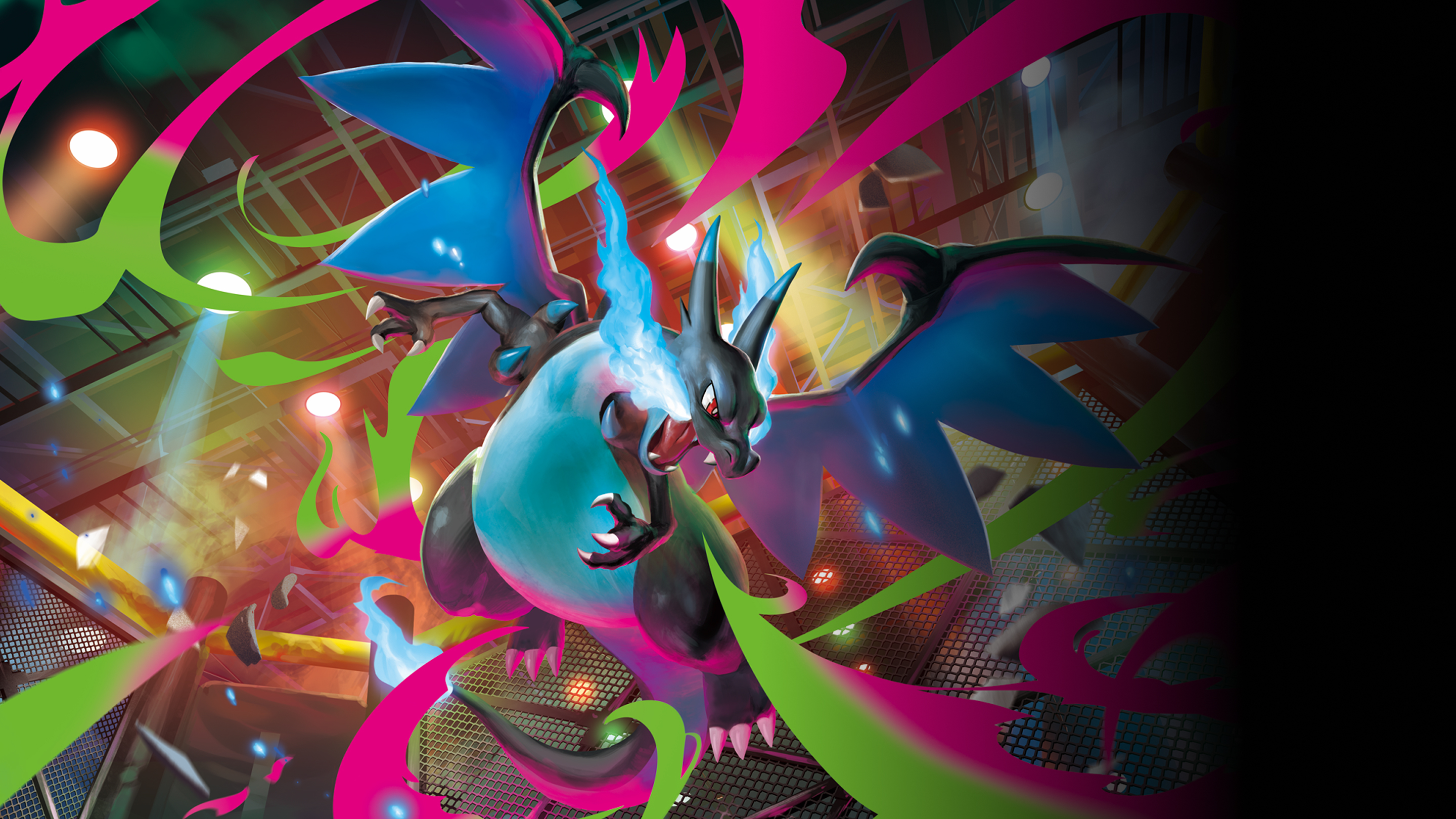 Mega Charizard X envolto em chamas azuis fantasmagóricas: arte oficial Pokémon TCG Megaevolução Fogo Fantasmagórico