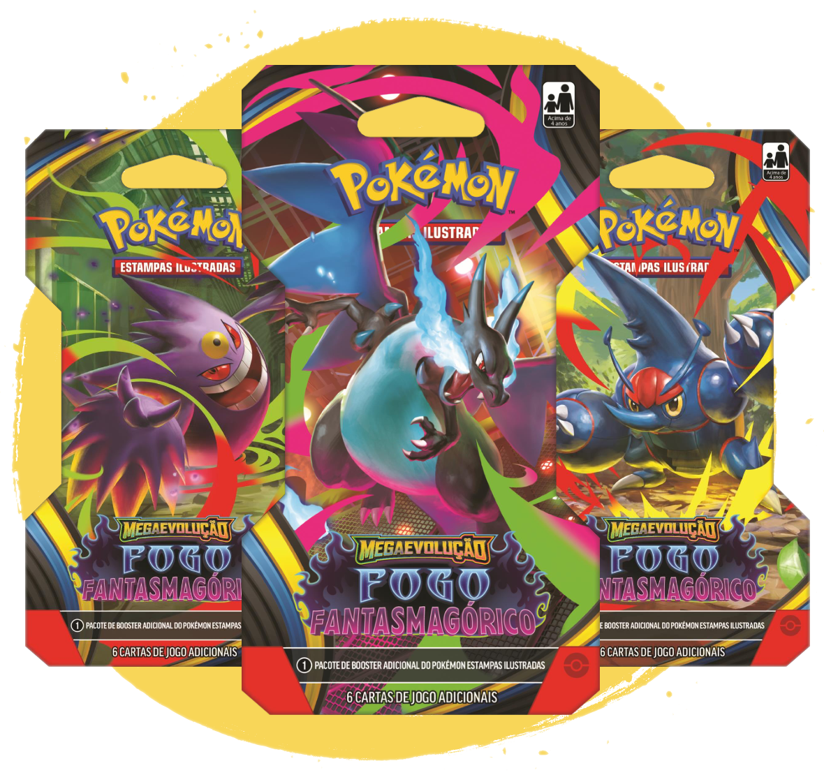 Trio de boosters Pokémon TCG Megaevolução Fogo Fantasmagórico: Mega Gengar, Mega Charizard X e Mega Heracross
