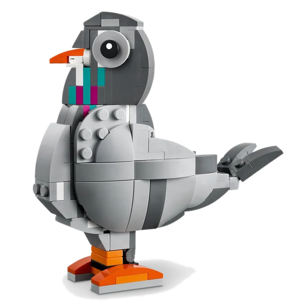 Pombo LEGO 31163: segundo modelo do Creator 3 em 1, com asas que abrem e detalhes coloridos no pescoço