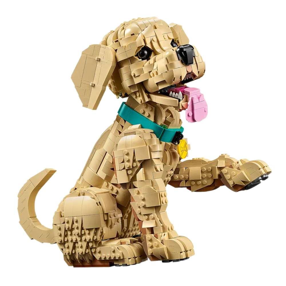Golden Retriever LEGO com pata dianteira ajustável e língua de fora