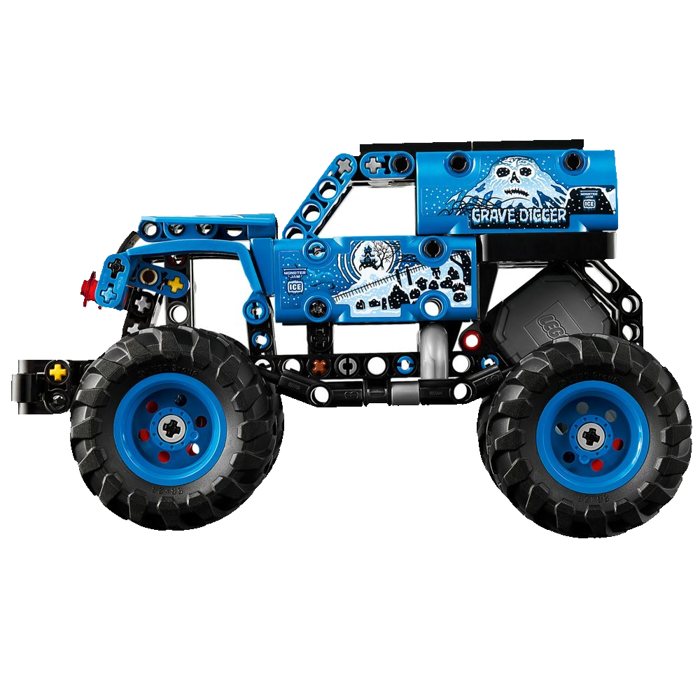 Frente do Grave Digger LEGO mostrando o lado fogo