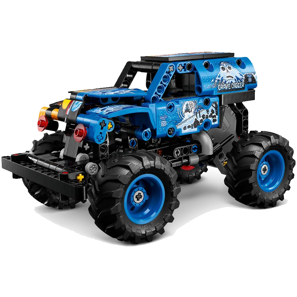 Detalhe do Grave Digger LEGO mostrando design fogo e gelo