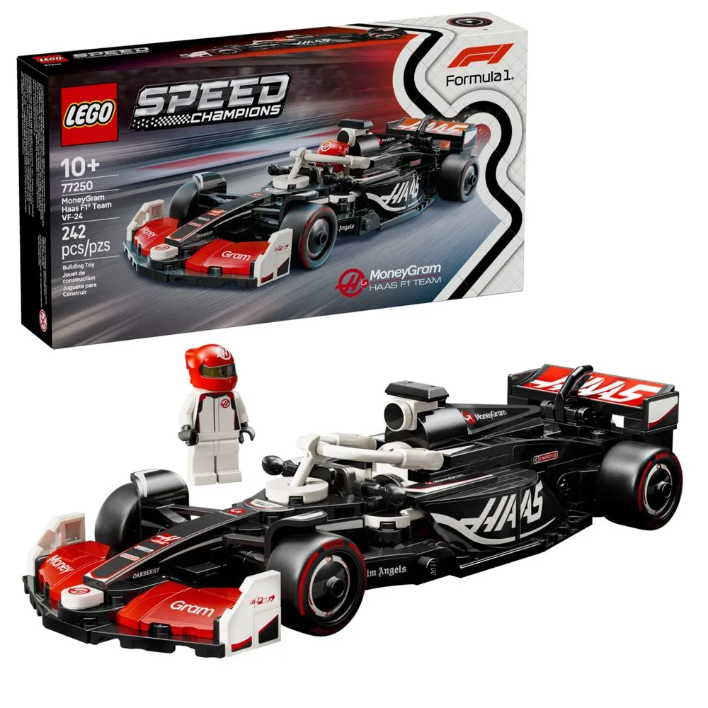 LEGO Speed Champions 77250 MoneyGram Haas F1 Team VF-24, caixa lacrada e modelo montado com minifigura do piloto