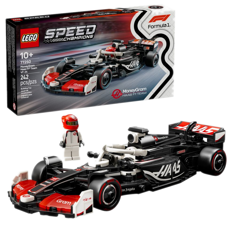 LEGO Speed Champions 77250 MoneyGram Haas F1 Team VF-24, caixa e produto montado