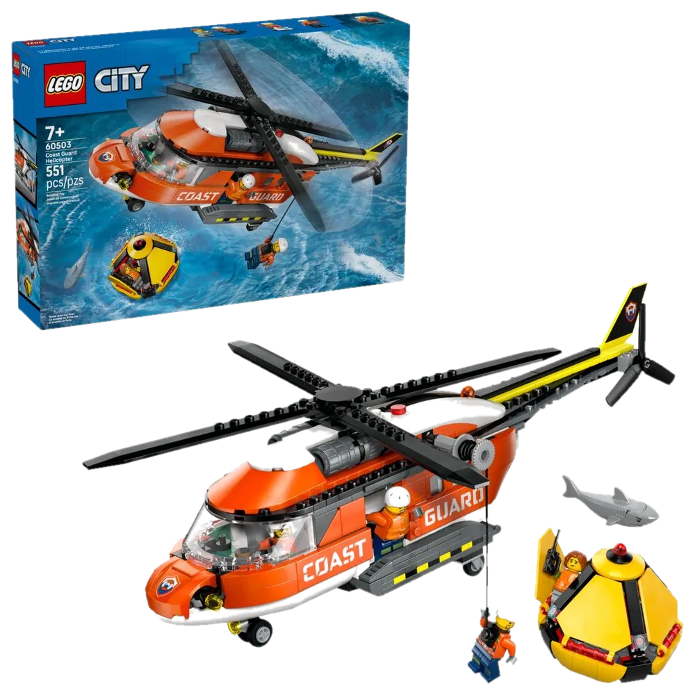 LEGO City 60503 Helicóptero da Guarda Costeira: caixa lacrada ao lado do modelo montado com cápsula de resgate amarela