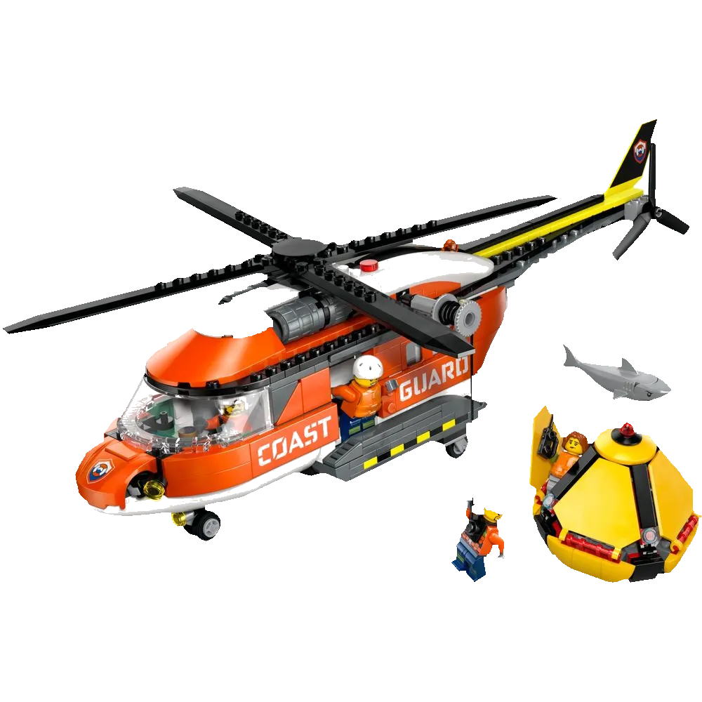 LEGO City 60503 Helicóptero da Guarda Costeira: vista de perfil com fuselagem laranja COAST GUARD, hélices, cauda amarela, cápsula de resgate e tubarão