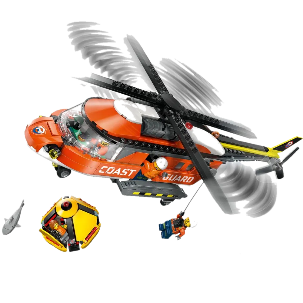 LEGO City 60503 Helicóptero da Guarda Costeira em movimento: hélices girando, cesta de resgate descendo, cápsula de salvamento e tubarão