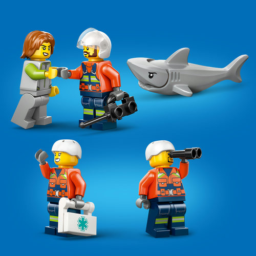 As 4 minifiguras do LEGO 60503: piloto, socorrista, paramédico com kit médico e civil, mais o tubarão