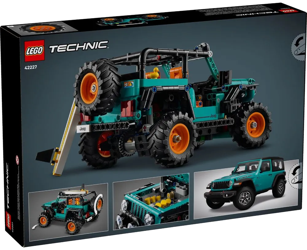 Detalhes técnicos do set 42227: chassi, suspensão e referência ao Jeep real